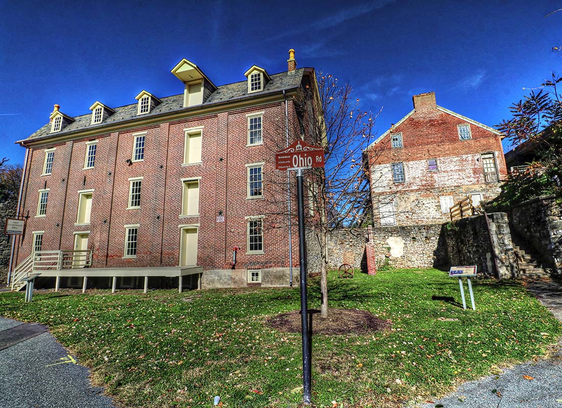 Bethlehem, PA - View of Historic Brick Buildings in Bethlehem Pennsylvania Against a Clear Blue Sky During the Fall