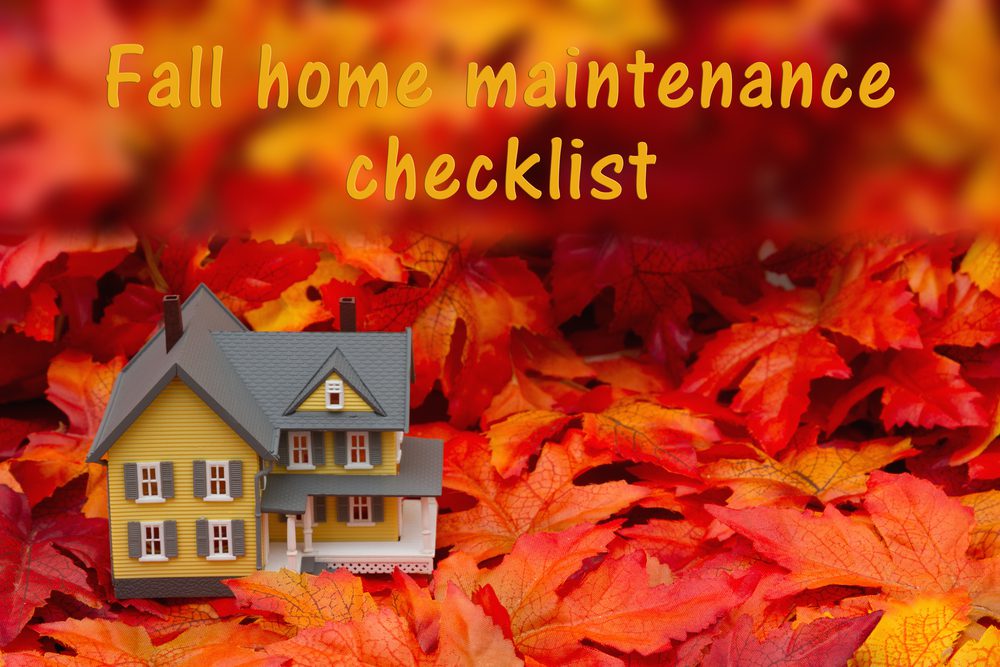 Home maintenance checklist for the fall season, Some fall leaves and yellow and gray house with text fall home maintenance checklist