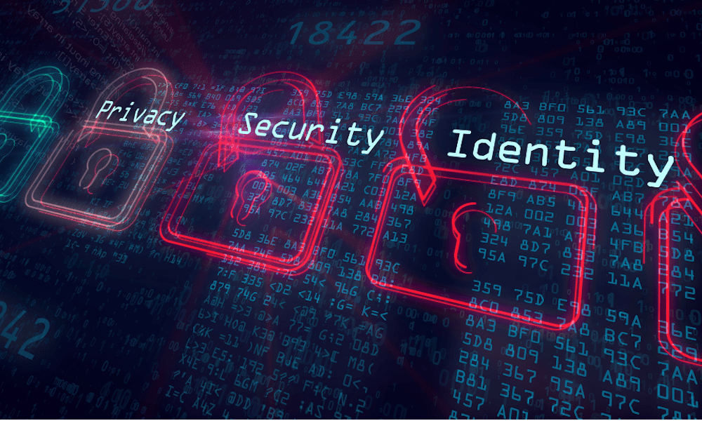 Digital concept image of multiple neon padlock icons over binary code, with the words “Privacy,” “Security,” and “Identity” representing data protection and cybersecurity themes.