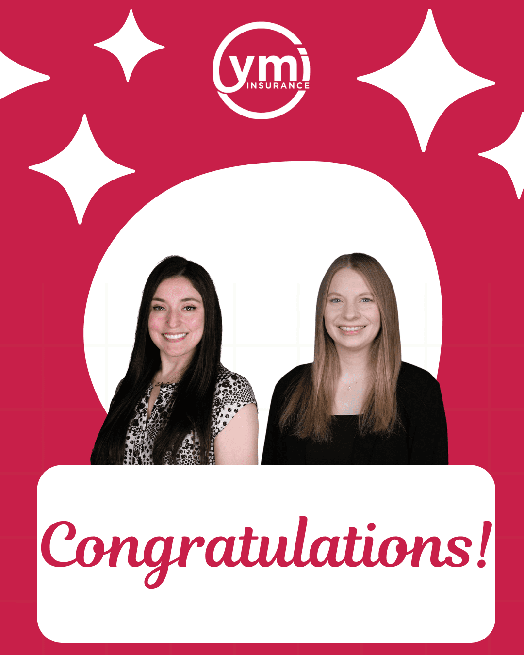 YMI Insurance congratulatory graphic featuring two smiling team members on a red background with the YMI logo and the word “Congratulations!” displayed prominently.